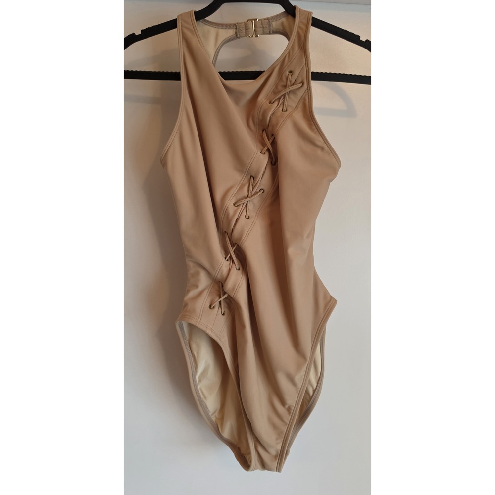 La Blanca Women's One Piece Swimsuit Size 10 Beige Solid High Neck Sleeveless
